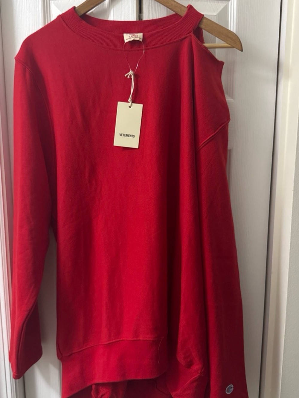 VETEMENTS x Champion Women’s Red Asymmetrical Shoulder Sweater